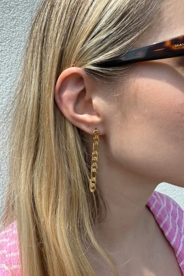 Goldene Kettenohrringe für Damen mit länglichen, strukturierten Kettengliedern in eleganter Goldoptik. Moderne Statement-Ohrringe im trendigen Hängeohrring-Design für stilvolle Looks.