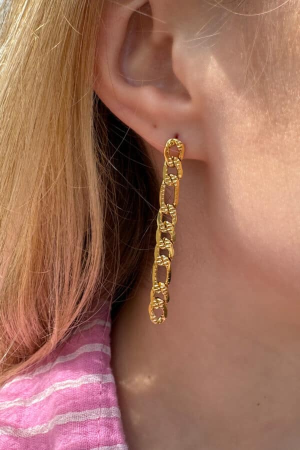 Goldene Kettenohrringe für Damen mit länglichen, strukturierten Kettengliedern in eleganter Goldoptik. Moderne Statement-Ohrringe im trendigen Hängeohrring-Design für stilvolle Looks.