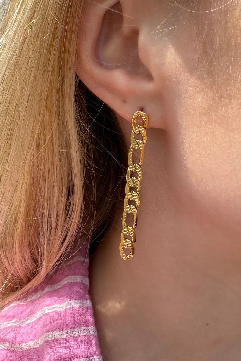 Goldene Kettenohrringe f&uuml;r Damen mit l&auml;nglichen, strukturierten Kettengliedern in eleganter Goldoptik. Moderne Statement-Ohrringe im trendigen H&auml;ngeohrring-Design f&uuml;r stilvolle Looks.