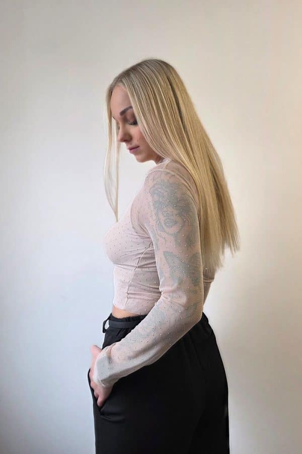 Nude-farbenes Mesh-Oberteil mit langen transparenten Ärmeln und feinen glitzernden Punkten. Unter dem durchsichtigen Tüll befindet sich ein integriertes, leicht gepolstertes Bralette-Crop-Top im gleichen Farbton. Das Oberteil wirkt feminin, leicht und elegant.