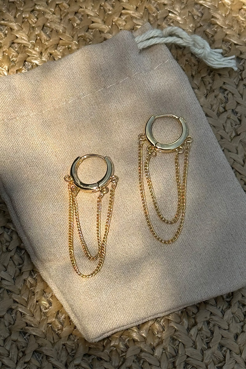 Elegante goldene Creolen mit stilvollem Kettenanh&auml;nger. Die Ohrringe verf&uuml;gen &uuml;ber einen praktischen Klappringverschluss und sind aus Kupfer mit hochwertiger 14-Karat-Vergoldung gefertigt. Die gl&auml;nzende Goldoptik verleiht ihnen einen modernen und zeitlosen Look. Rost- und nickelfreies Material sorgt f&uuml;r angenehmen Tragekomfort und macht die Creolen zum perfekten Accessoire f&uuml;r Alltag und besondere Anl&auml;sse.